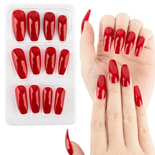 24pcs Uñas Postizas Largas Rojo Brillantes Uñas Press on Nails 10 Tamaños Uñas Postizas Francesa Largas con Diseño Nail Art