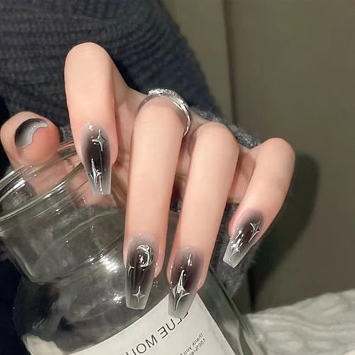 Auriselle 24 unidades, 12 tamaños, set tips uñas postizas diseño negro con degradado color motivo estrella y luna postizas forma ataúd falsas adhesivas artificiales larga fiestas niñas mujeres, negro