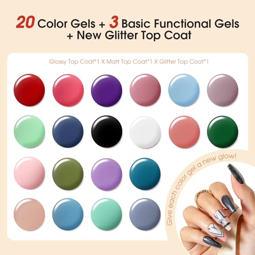 ROSALIND Kit Uñas Semipermanentes, 48W Lampara uñas semipermanentes, 20+4 PCS Kit Pintauñas Gel Completo Lámpara UV Rojo Rosa Púrpura Azul Verde Esmaltes Permanentes Manucira