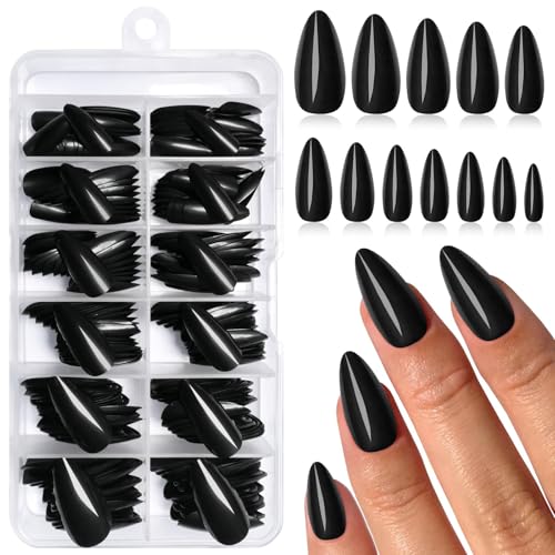 GlamRays 240 unidades de color negro almendra prensada en uñas postizas largas falsas uñas postizas prensas, uñas acrílicas falsas en uñas postizas, pegamento de almendra, puntas de uñas artificiales