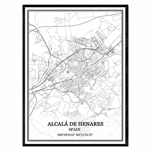 TANOKCRS Alcalá de Henares España Mapa de pared arte lienzo impresión cartel obra de arte sin marco moderno mapa en blanco y negro recuerdo regalo decoración del hogar 24x36 inches